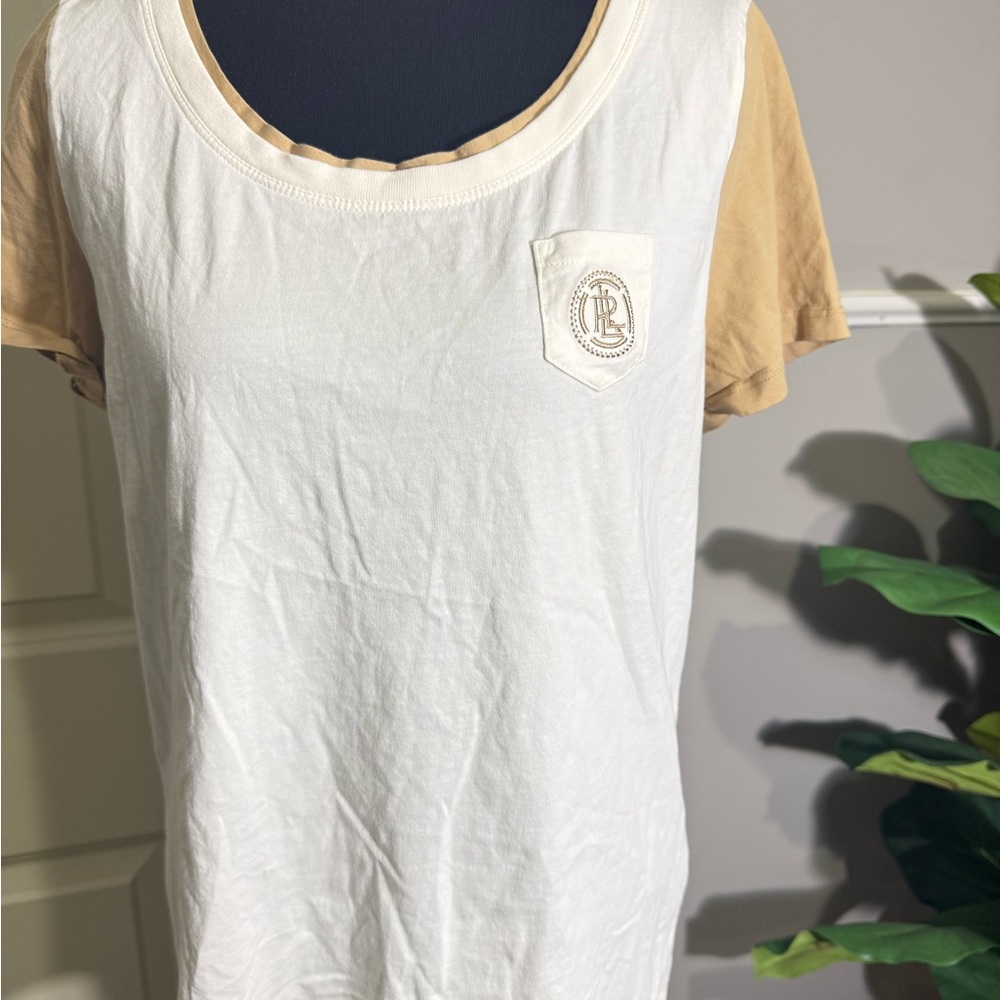 Ralph Lauren White Tee with Tan Short Sleeves size large